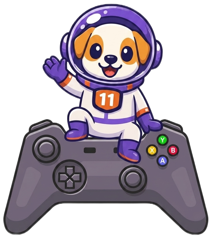Coach Max sitting on a game controller, from the games page in the child app